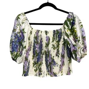 Express Top Small Floral Smocked Puff Sleeve Crop Top White Spring Easter